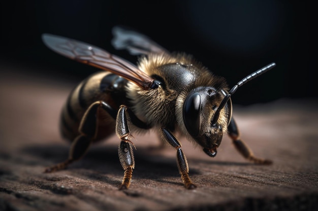 A bee on a wood plank with a black background