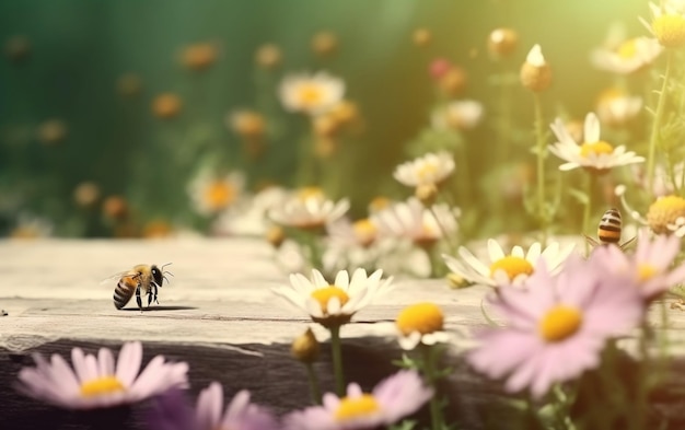 A bee on a wooden table with flowers in the background