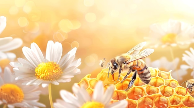 A bee at work on a golden honeycomb among flowers AI generated