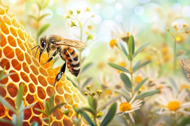 인공지능이 생성한 꽃들 사이에서 황금 벌에서 일하는 벌