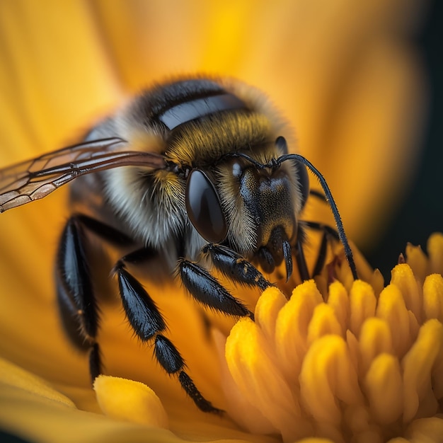 A bee on a yellow flower with a black stripe on the center.