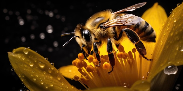 Bee zittend op de bloem op de donkere achtergrond macro close-up