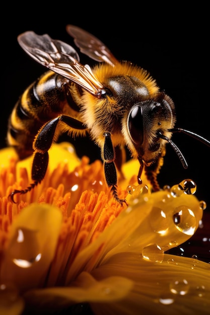 Bee zittend op de bloem op de donkere achtergrond macro close-up