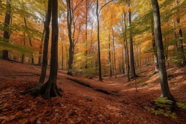 Beech forest with leaves changing to vibrant autumn colors created with generative ai