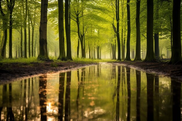 Beech trees in spring forest after rainfall at dawn