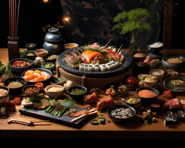 Photo beef a5 and sushi on a table with various meats in the style great japanese food