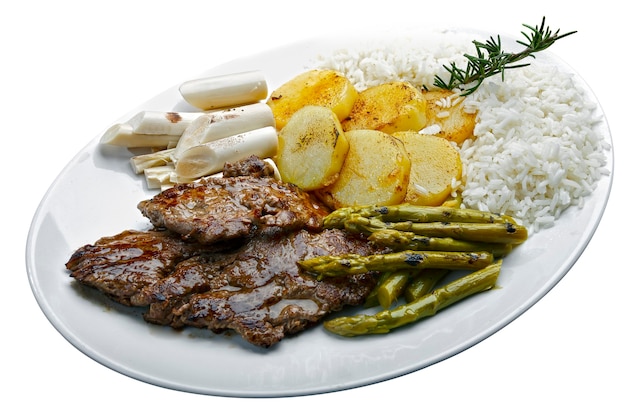 Beef asparagus, potatoes and rice