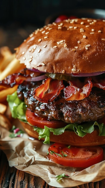 Beef Bacon Burger With Lettuce and Tomatoes