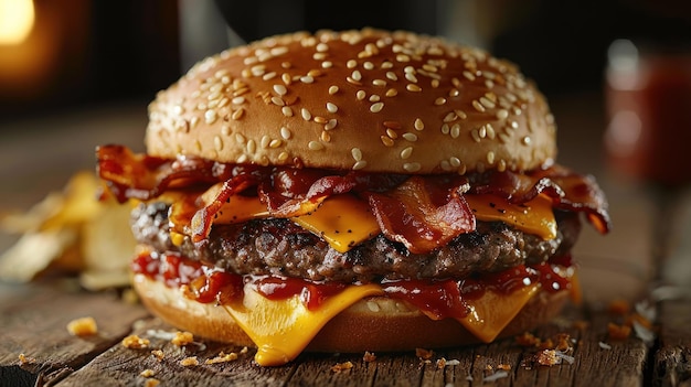 Beef Bacon Cheeseburger With Ketchup on Wooden Table