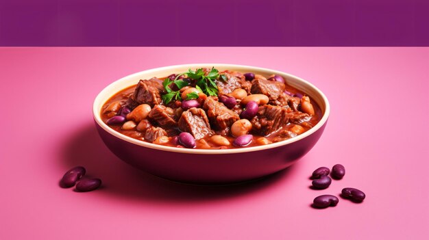 Photo beef and bean soup on purple background