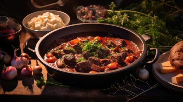 사진 고기 부르구이<unk> (beef bourguignon) 은 느리게 은 고기로 만든 전통적인 프랑스 요리이다.