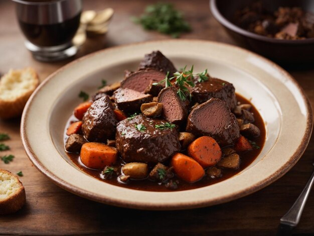 Photo beef bourguignon delicious french dinner dish of slow cooked beef in a red wine sauce mushrooms