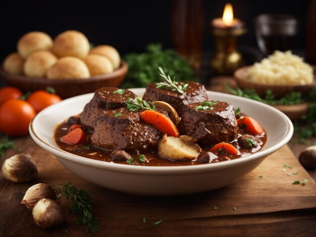 Photo beef bourguignon delicious french dinner dish of slow cooked beef in a red wine sauce mushrooms