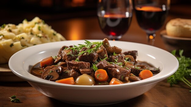 Foto beef bourguignon een stoofpot van rundvlees gemaakt met rode wijn uien wortels en paddenstoelen en twee glazen wijn