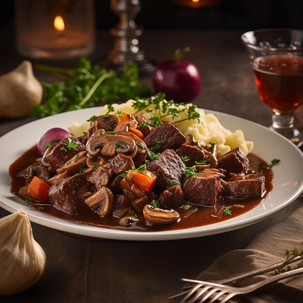 Beef bourguignon served in a cast iron pot and dishes with a side of crusty bread generated by ai