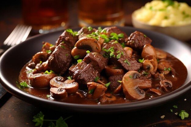 Beef bourguignon served in a cast iron pot and dishes with a side of crusty bread generated by ai