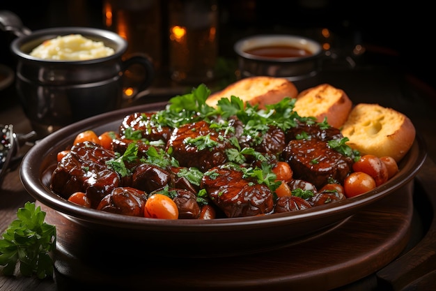 Beef Bourguignon 쇠고기를 적포도주(종종 붉은 부르고뉴)와 쇠고기 국물에 찐 스튜