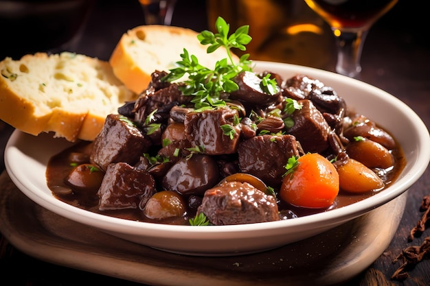 Beef Bourguignon A stew made of beef braised in red wine often red Burgundy and beef broth