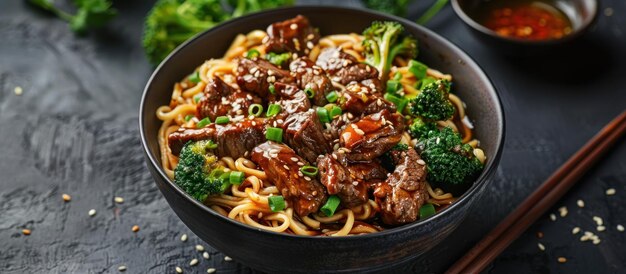 Photo beef and broccoli noodles bowl