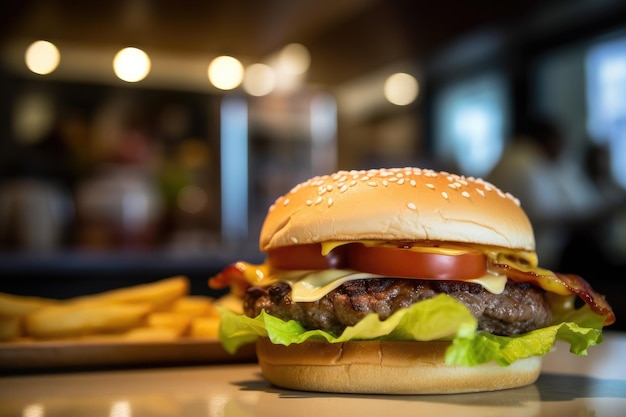 ぼやけたレストランの背景にカツとトマトが入ったビーフバーガー