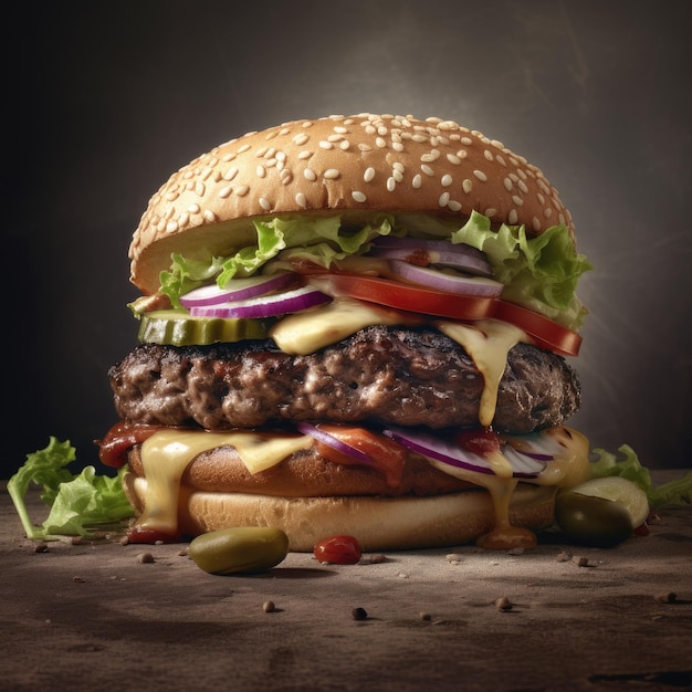 Beef burger filled with large beef cutlet and brie melted cheese on a black background photo studio