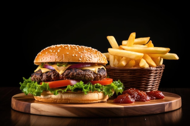 Beef burger and fries on wooden table
