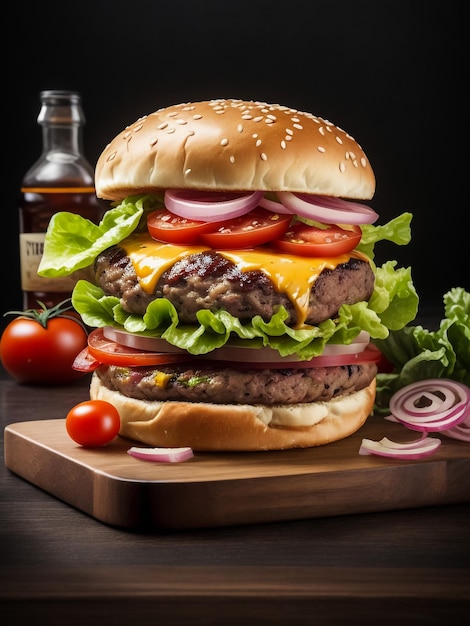 A beef burger stuffed with vegetables and apetizers and served with french fries