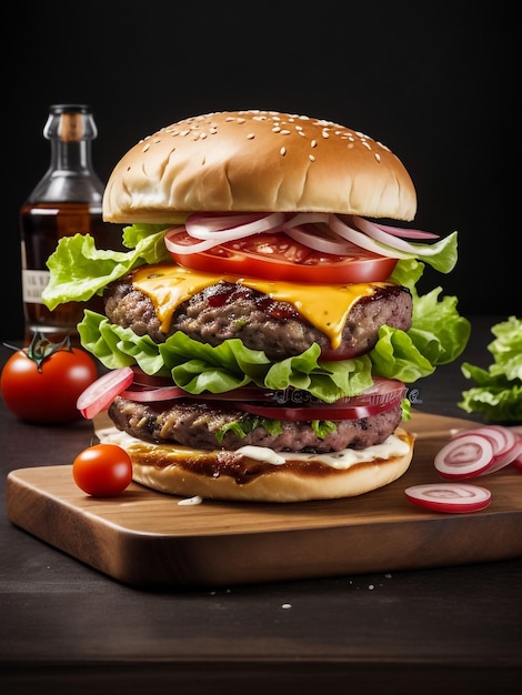 A beef burger stuffed with vegetables and apetizers and served with french fries