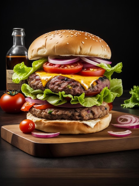 A beef burger stuffed with vegetables and apetizers and served with french fries