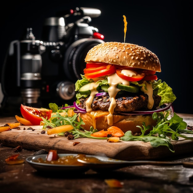 Photo a beef burger stuffed with vegetables and apetizers and served with french fries