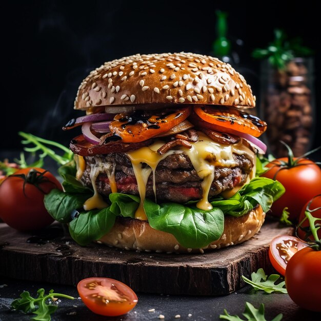 Photo a beef burger stuffed with vegetables and apetizers and served with french fries