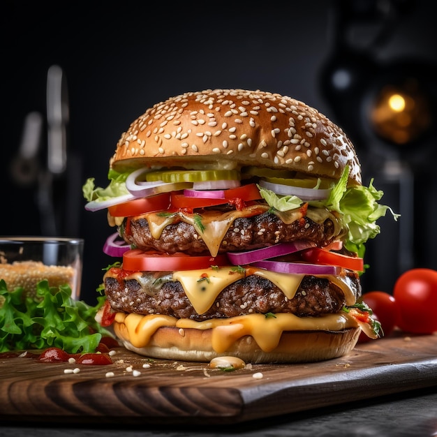 A beef burger stuffed with vegetables and apetizers and served with french fries