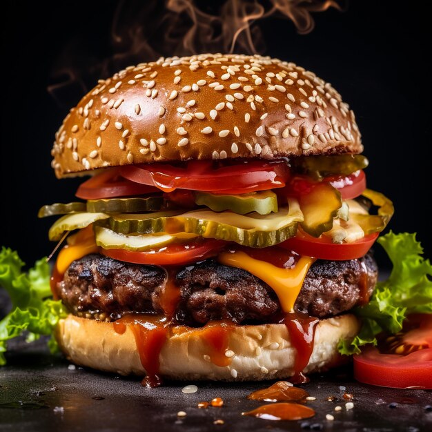 A beef burger stuffed with vegetables and apetizers and served with french fries