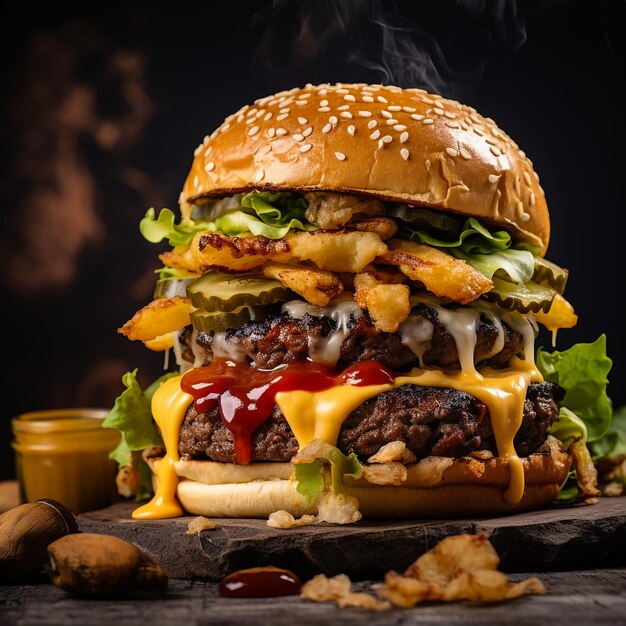 A beef burger stuffed with vegetables and apetizers and served with french fries