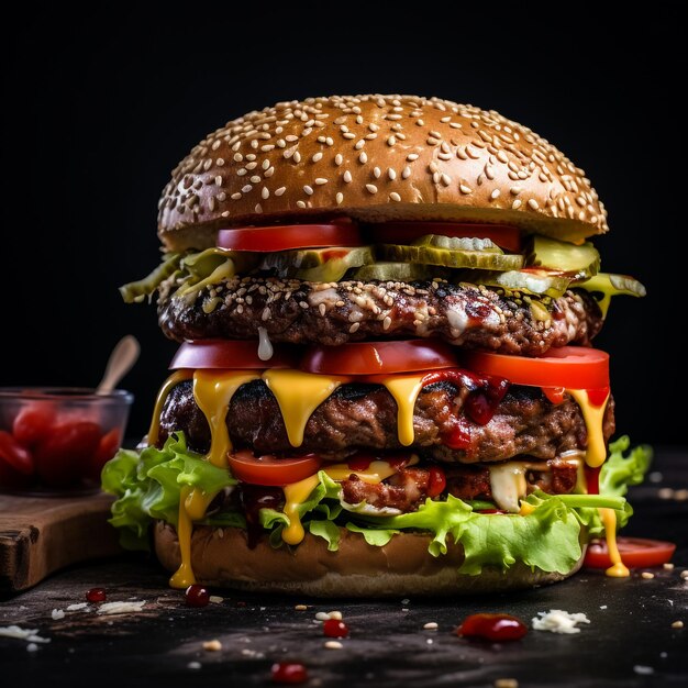 A beef burger stuffed with vegetables and apetizers and served with french fries