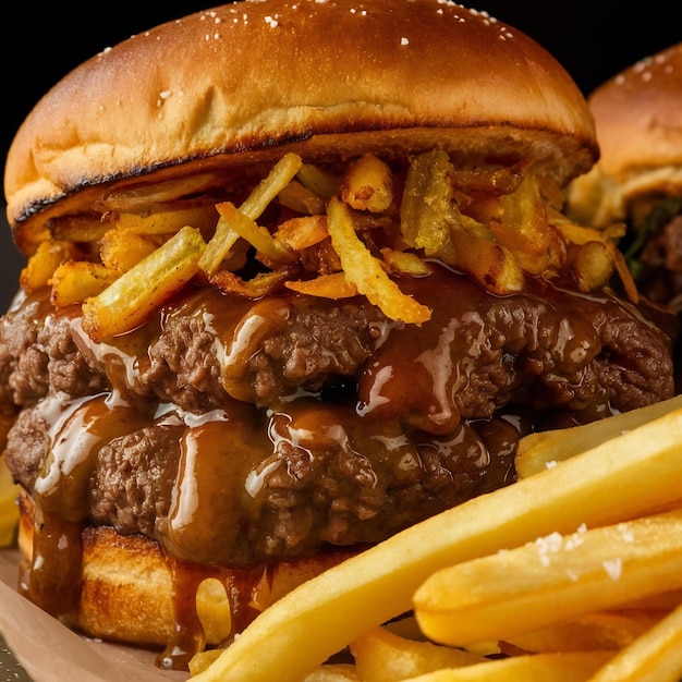 Photo beef burger topped with cornichon served with fries