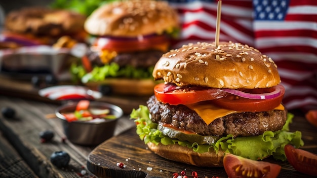 Beef burger with American Flag for USA Independence day generative ai