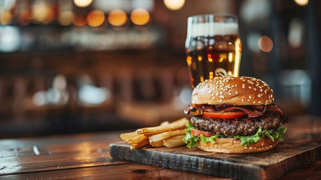 Photo beef burger with beer glass in a restaurant