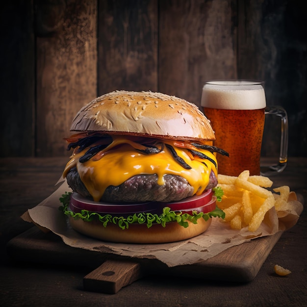 Beef burger with cheese, lettuce, tomato served with fries and beer