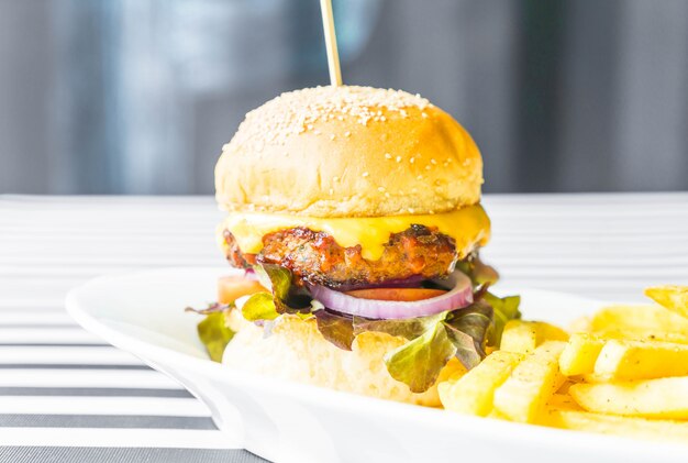 beef burger with french fries