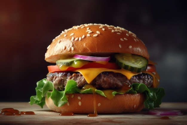 Photo beef burger with meat pattie tomato cucumber cheese red onion lettuce on bun with sesame seeds