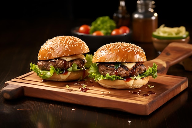 Beef burgers on wooden plate