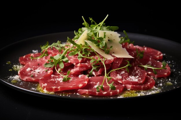 Foto piatto gourmet di carpaccio di manzo con arugula e parmigiano