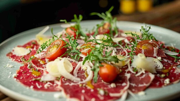 Foto carpaccio di manzo con capperi, rucola e parmigiano su piatto bianco ai generative