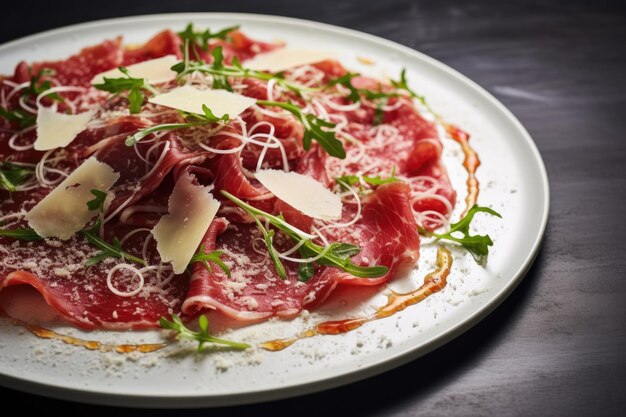 Foto carpaccio di manzo con erbe e parmesano e olio d'oliva