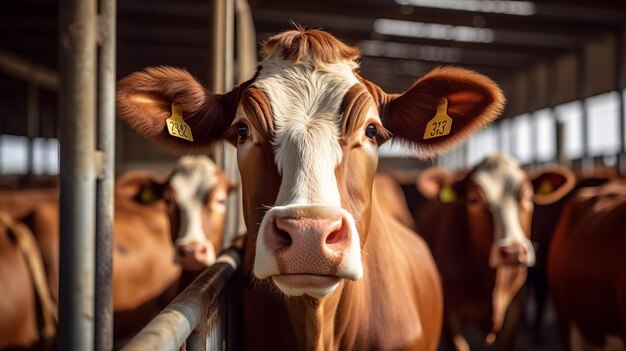 Beef cattle farming and close up view of cow standing in cowshed