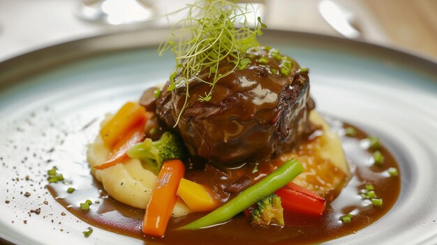 Beef cheeks with gravy on vegetables mashed Main course Generative Ai