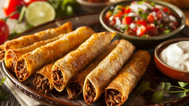 Photo beef and cheese taquitos served with salsa and sour cream