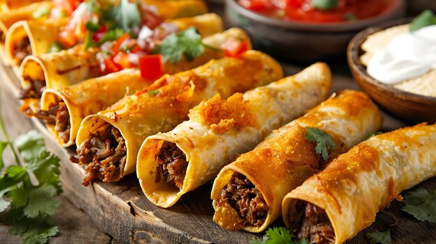 Beef and cheese taquitos with salsa and sour cream Traditional Mexican food