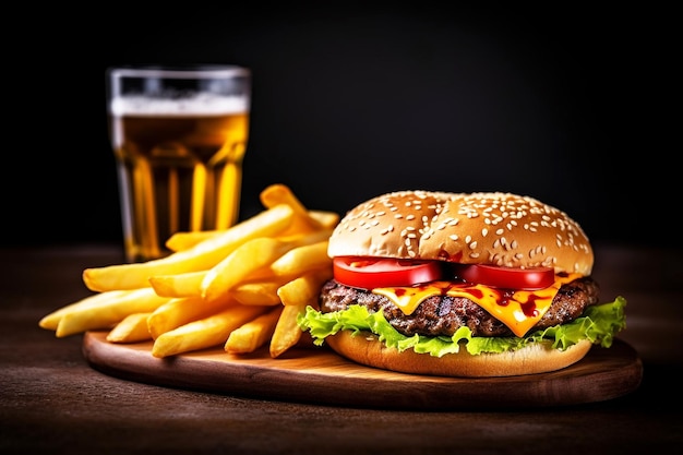 Beef cheeseburger met friet op houten achtergrond